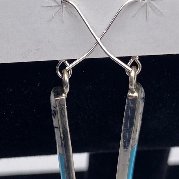 Sterling Silver Earrings Turquoise Inlaid 2” Length Fish Hook Back New - Picture 5 of 8